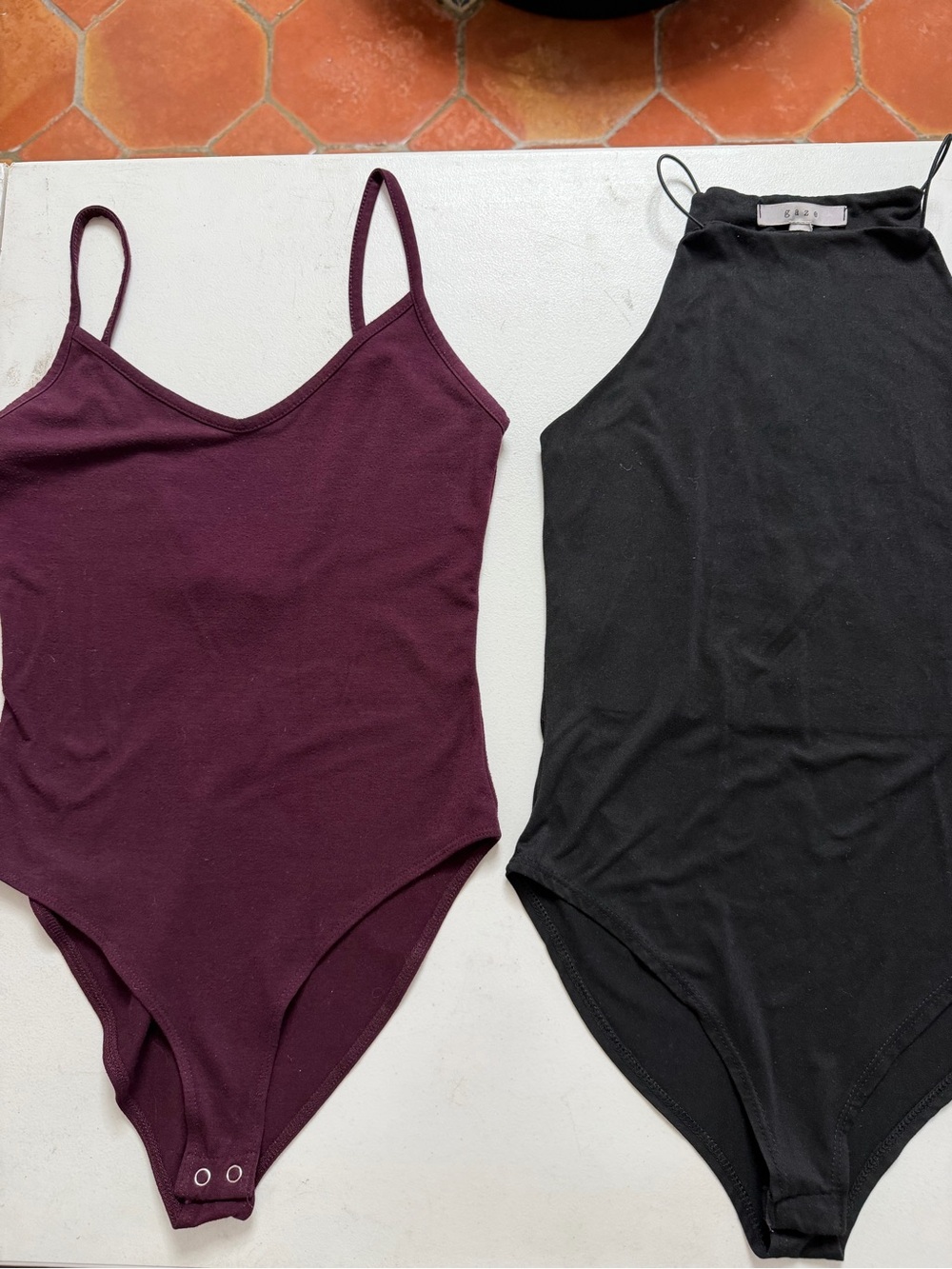 Black High-Neck Bodysuit & Plum Spaghetti-Strap Bodysuit - Women Tops Size Small